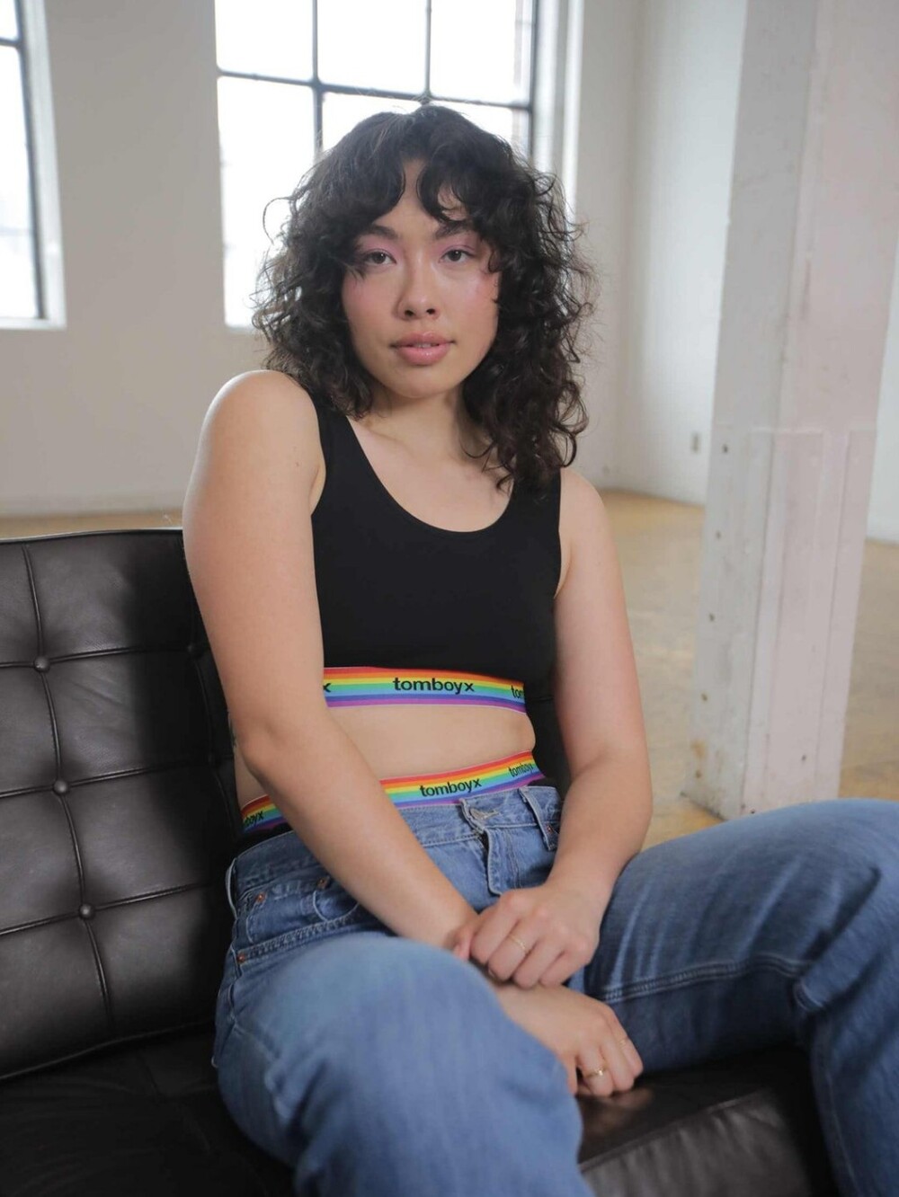 TomboyX black crop top witTomboyX Essentials Soft Bra Black Rainbow Pride Size M